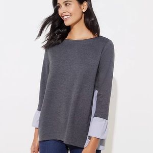 Loft Gray Oxford Mock Bell Sleeve Block Top Shirt Blue White Stripe Casual